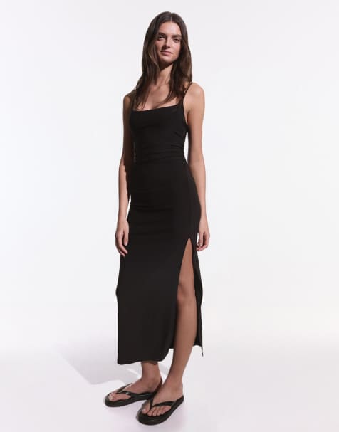 Bershka – Midikleid in Schwarz mit gerafften Trägern - view 1