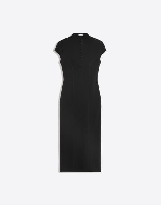 Bershka Midikleid mit Druckknöpfen in Schwarz, 6 von 6