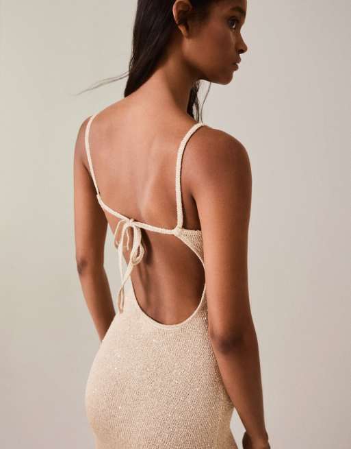 Bershka Midikleid mit Trägern und Pailletten in Gold, 4 von 5