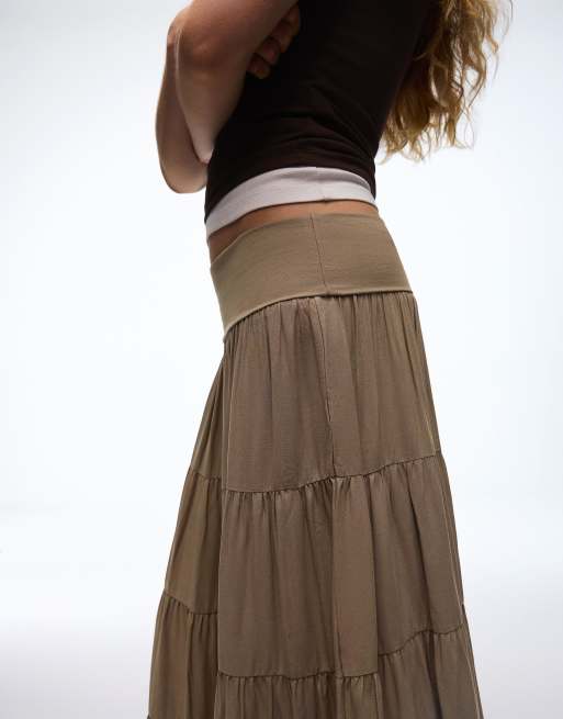 Bershka – Midirock in Khaki mit umgeschlagenem Bund, 3 von 4