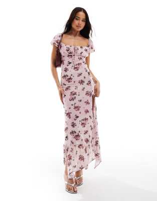 Bershka - Milchmädchen-Maxikleid in Rosa mit Blumenmuster