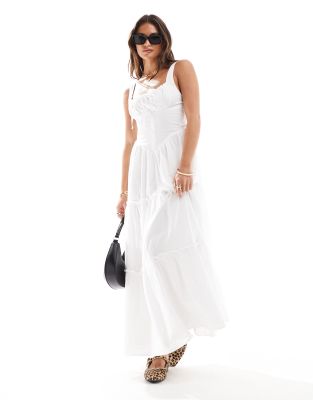 Bershka Milkmaid Cotton Maxi Dress In White