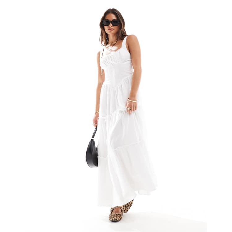 Bershka milkmaid cotton maxi dress in white | ASOS