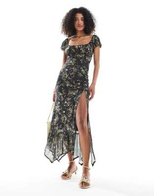 Bershka milkmaid floral maxi dress in black