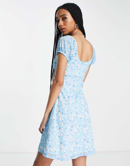 Bershka milkmaid floral mini dress in blue | ASOS