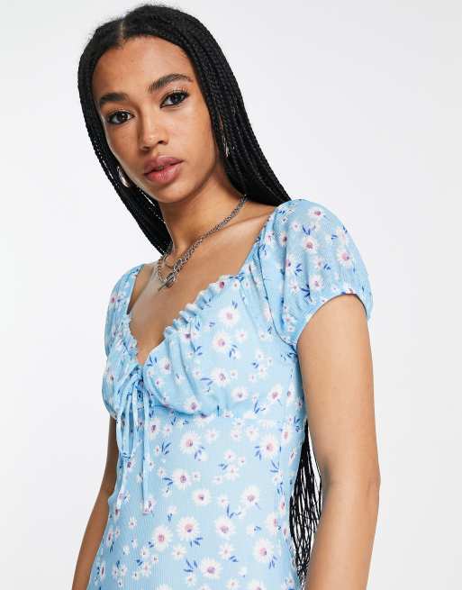 Bershka milkmaid floral mini dress in blue