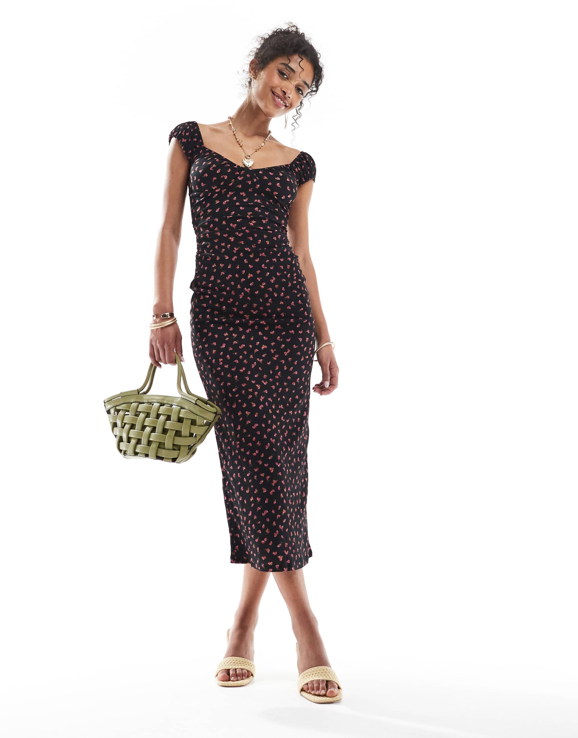 bershka milkmaid midi dress in black print