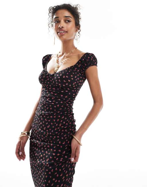 Bershka milkmaid midi dress in black print ASOS