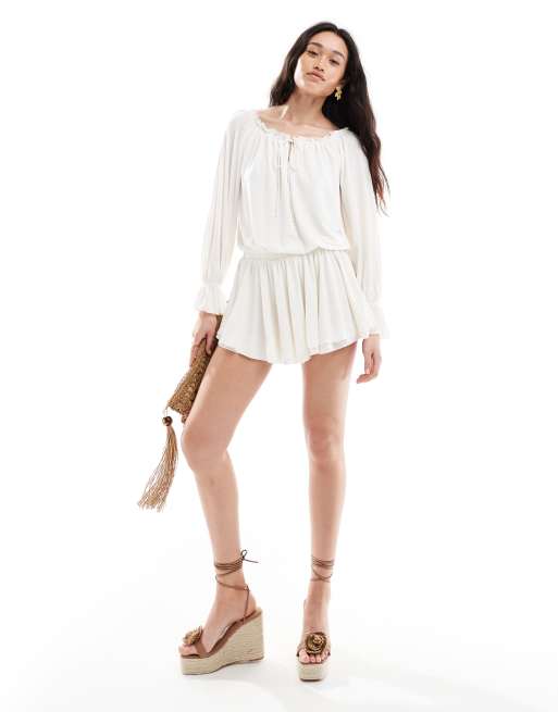 Bershka - Mini bardotjurk met blousonmouwen in ecru