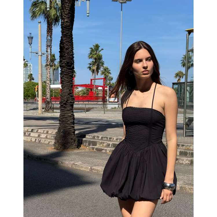 Bershka mini dress with balloon skirt in black | ASOS