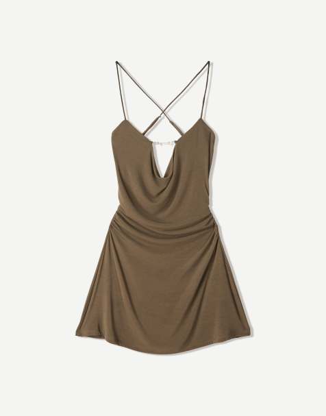 Bershka mini dress with collar in khaki - view 1