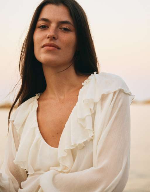Bershka Mini dress with ruffles in white, 2 of 5