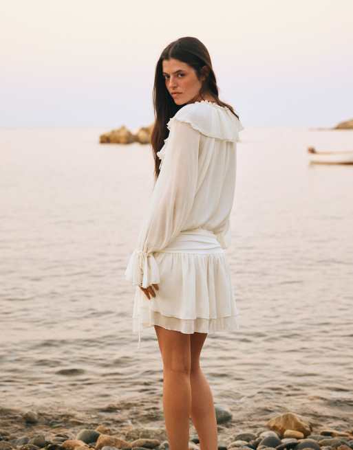 Bershka Mini dress with ruffles in white, 3 of 5