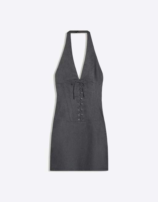 Bershka Mini halter dress in twill with corset effect and bow in dark blue, 6 of 6