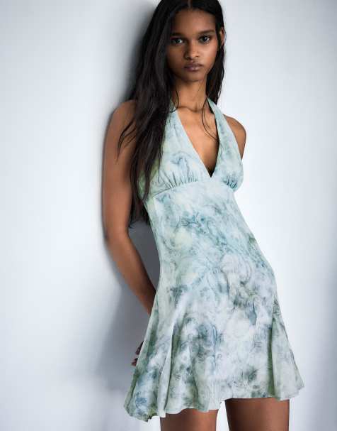 Bershka Mini halter print dress in denim blue - view 1