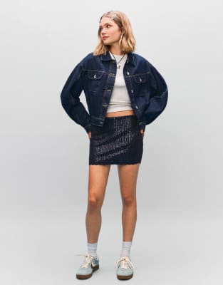 Bershka - Mini-jupe en dentelle à sequins - Bleu-Bleu marine