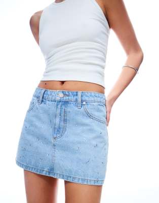 Bershka - Mini-jupe en jean pailleté - Bleu clair