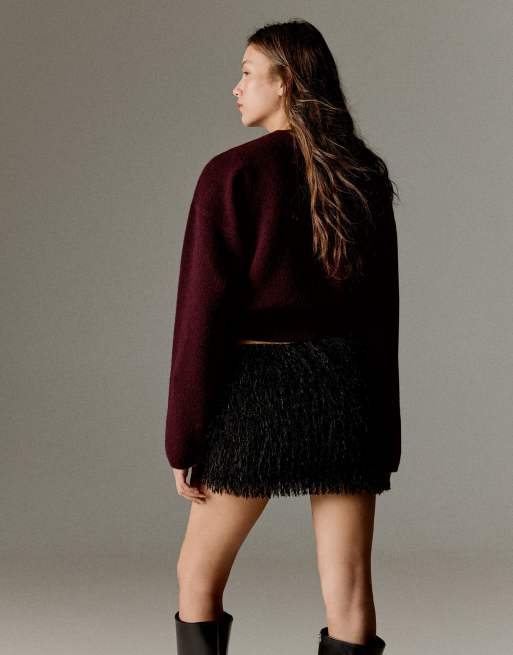 Bershka Mini-jupe faux-feather noire, 3 de 6