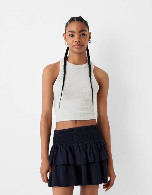 Bershka - Mini-jupe volantée à taille froncée - Bleu marine