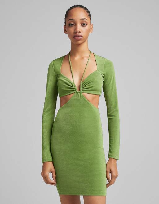 Bershka - Mini jurk met uitsnijding en vierkante hals in groen