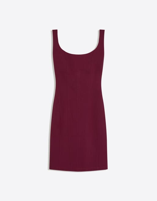 Bershka - Mini jurk van bengaline met bandjes in bordeauxrood, 2 van 4