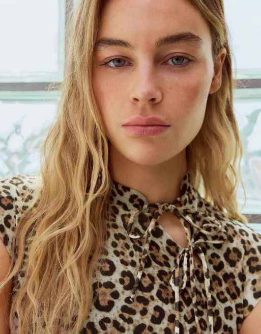 Bershka mini jurk van tule met dierenprint in bruin, 4 van 6