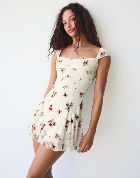 Bershka Mini lace print dress in ecru