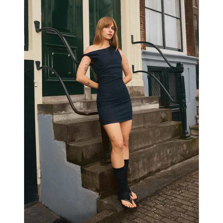 bershka off shoulder dress Bershka Mini off-shoulder denim dress in blue