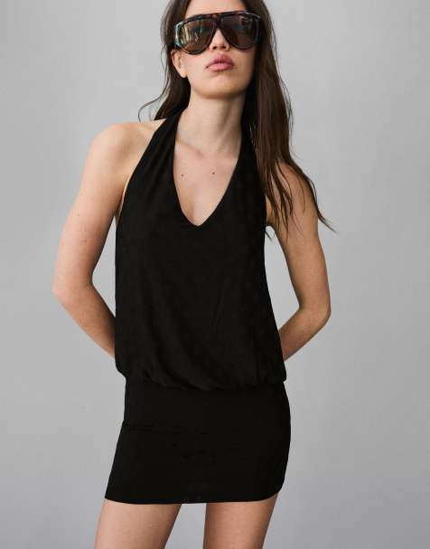 Bershka Mini polka dot jacquard dress in black