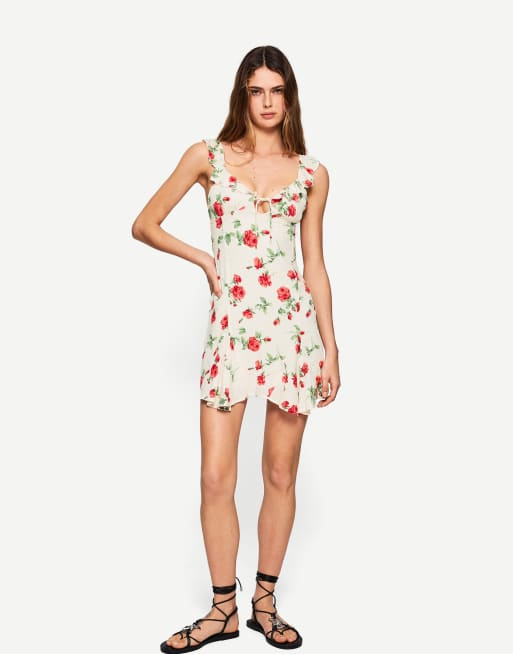 Bershka – Mini-Riemchenkleid in Weiß mit Muster