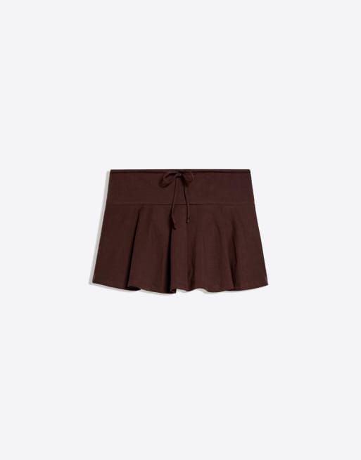 Bershka Mini skort with tie waist in brown, 4 of 4