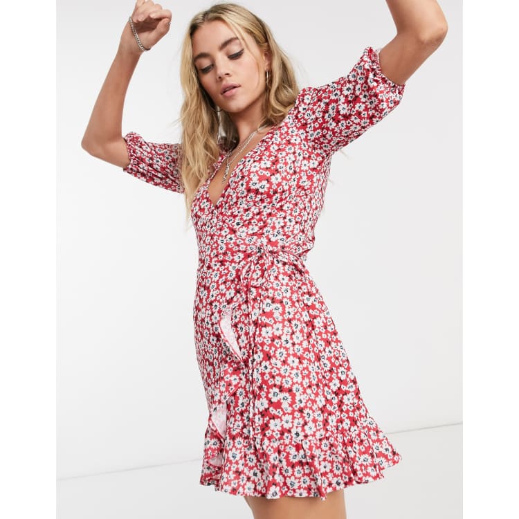 bershka red wrap dress Womens Dresses Bershka Polka Dot Wrap Dress Bershka Mini Wrap Dress In  Ditsy Red Floral