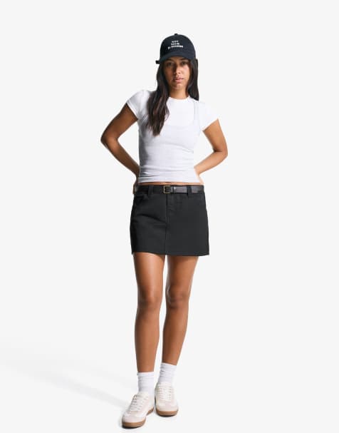 Bershka - Minigonna in cotone nera con cintura - view 1