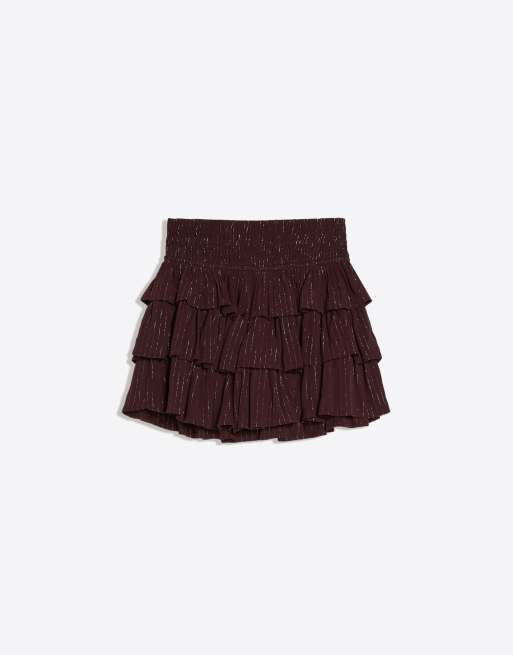 Bershka - Minigonna marrone luccicante con volant, 4 di 4