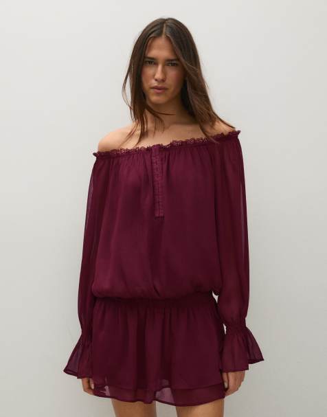 Bershka minikjole med Bardot-snit og rynket talje i bordeaux - view 1