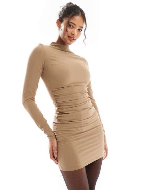 Bershka – Minikleid aus Polyamid in Braun mit geraffter Vorderseite - view 1