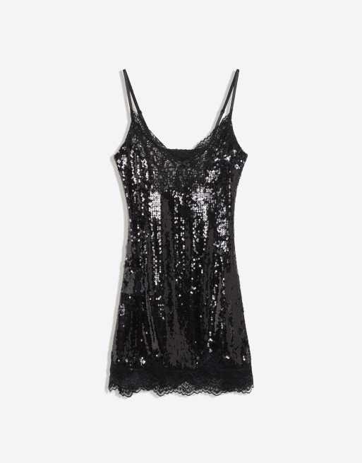 Bershka Minikleid mit Pailletten, Spitze und Riemchen in Schwarz, 4 von 5