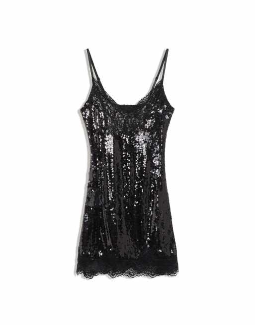 Bershka Minikleid mit Pailletten, Spitze und Riemchen in Schwarz, 5 von 5