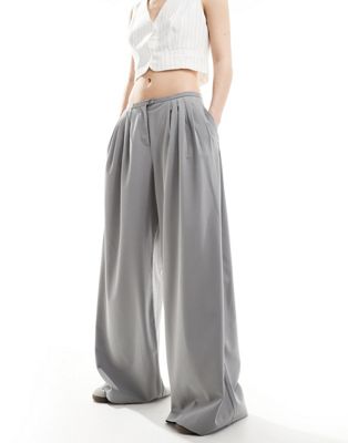 Bershka minimal waistband wide leg tailored trousers co-ord in grey