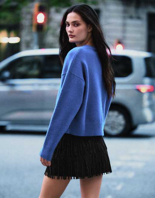 Bershka mininederdel med frynser og rhinsten i sort, 3 af 5