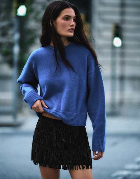 Bershka minirok met franjes en strass in zwart - view 1