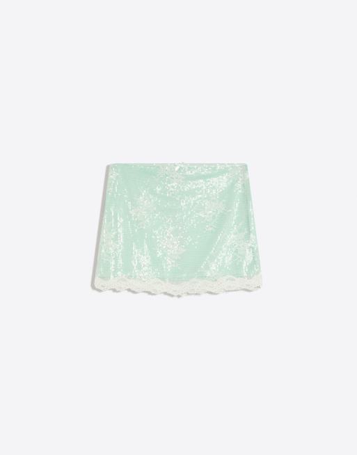 Bershka - Minirok met kant en lovertjes in lichtgroen, 2 van 4