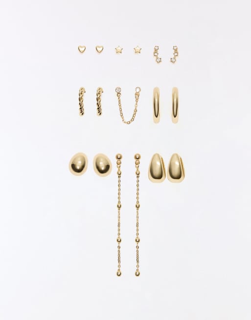 Bershka Mismatched earrings pack in gold, 2 of 4