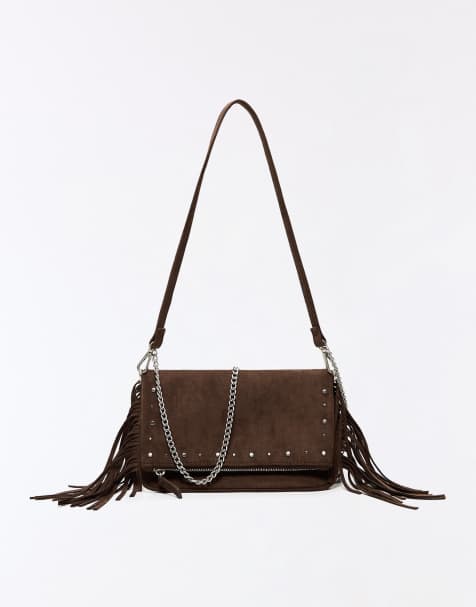 Bershka – Mit Fransen und Nieten besetzte Tasche in Braun - view 1
