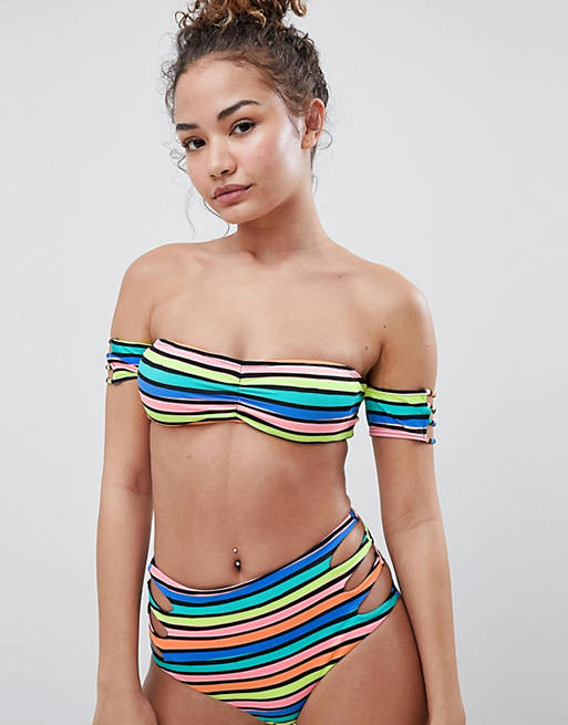 Bershka mix and match side tie bikini brief in bold stripe