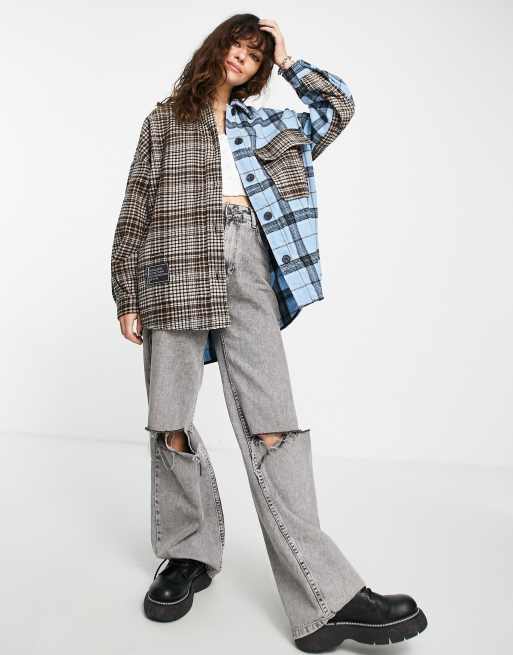 Bershka mixed check spliced shacket in brown and blue, 4 of 4
