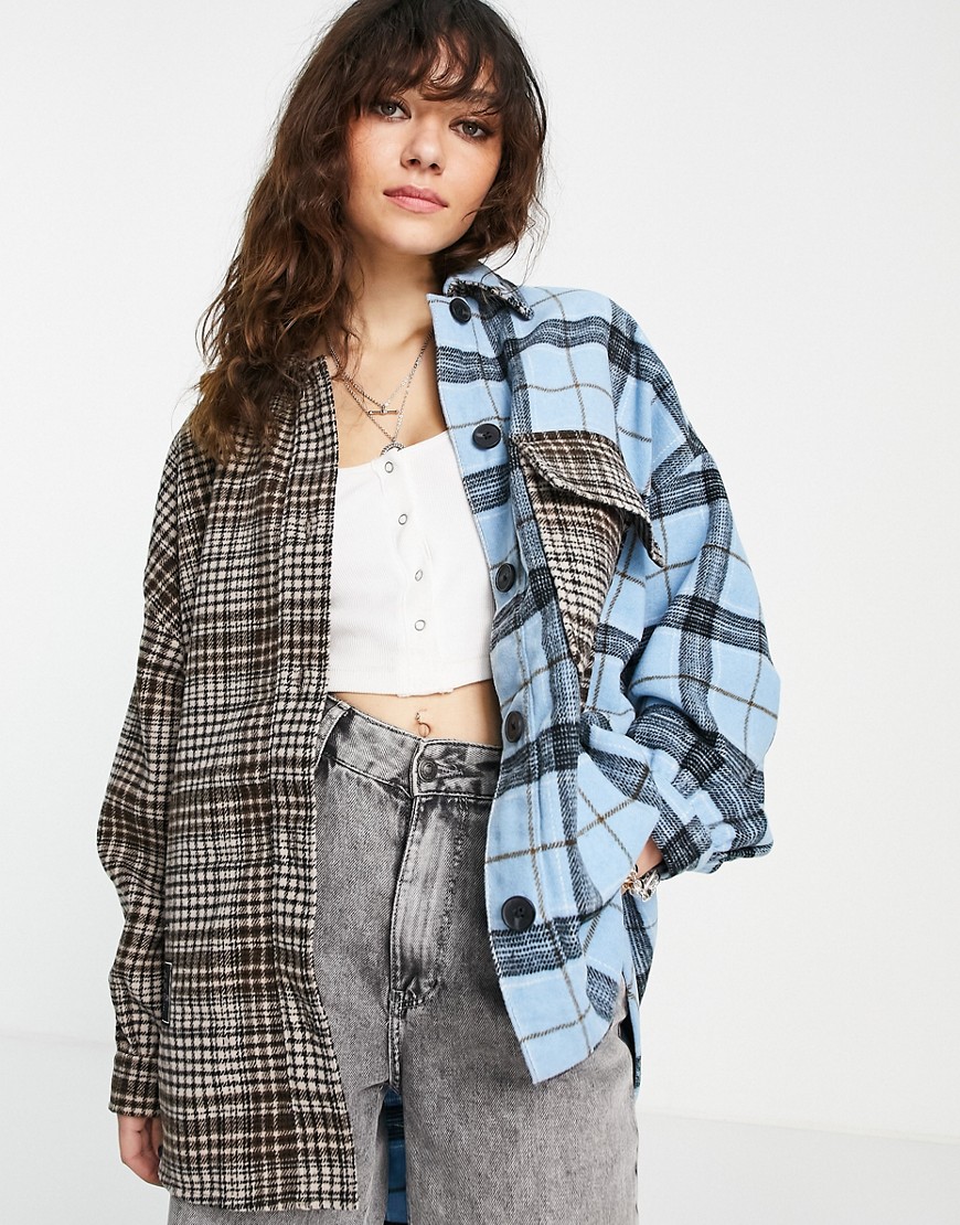 Bershka mixed check spliced shacket in brown and blue-Multi
