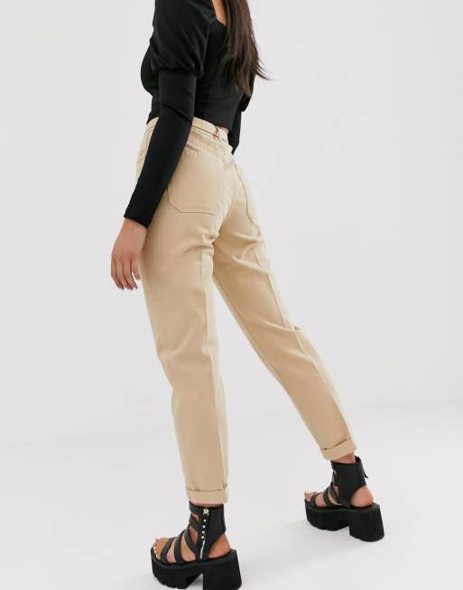 Bershka mom fit pants with belt in beige