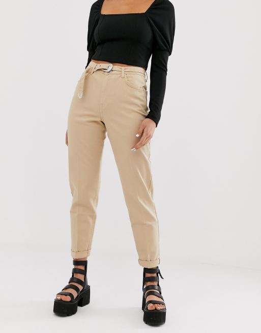 Bershka mom fit pants with belt in beige