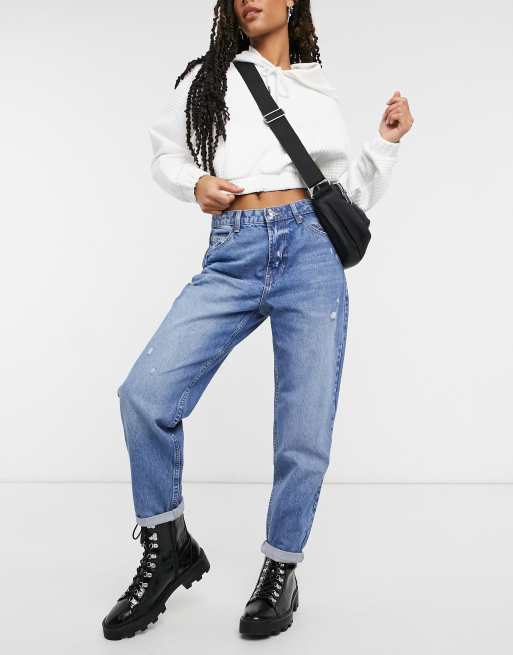 Bershka ripped wide leg jeans in light blue